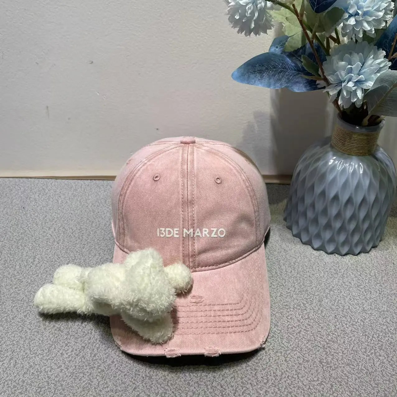 13DE MARZO Pink Beige Distressed Baseball Cap