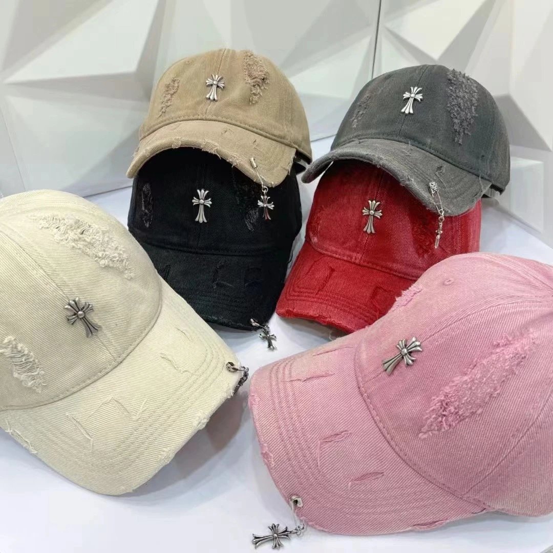 Distressed Denim Cap with Silver Cross Embellishment Beige Black Gray Red Pink Streetwear