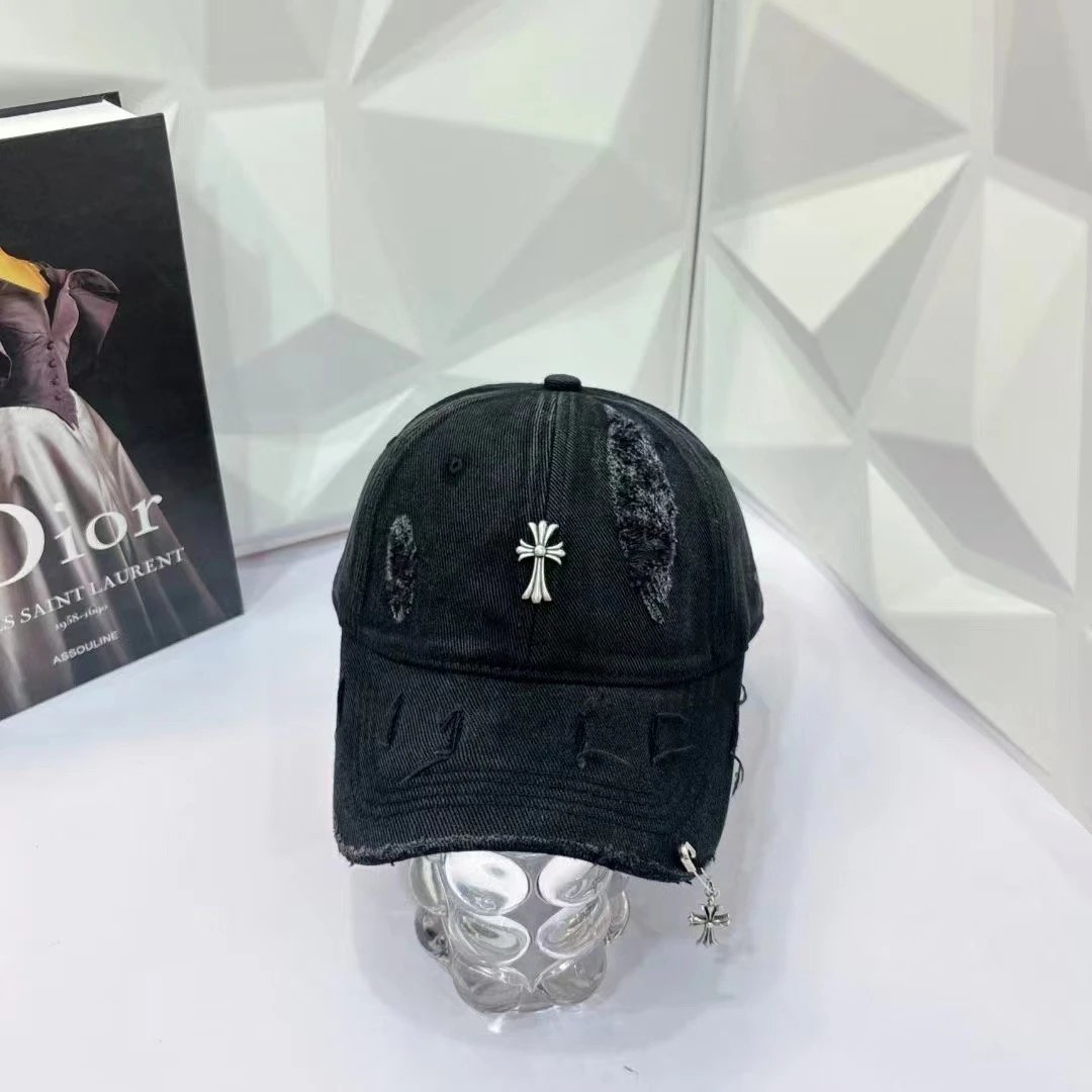 Distressed Denim Cap with Silver Cross Embellishment Beige Black Gray Red Pink Streetwear