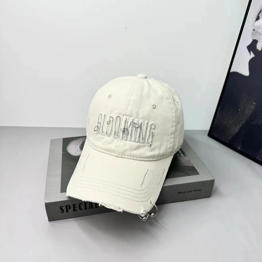 Blooming Embroidered Distressed Baseball Cap Beige Black Cream Streetwear