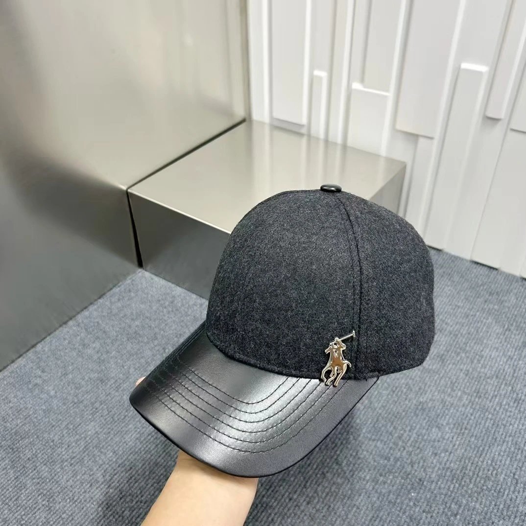 Unbranded Hats Wool-Blend Baseball Cap with Faux Leather Brim and Horse-Rider Metal Emblem — Dark gray