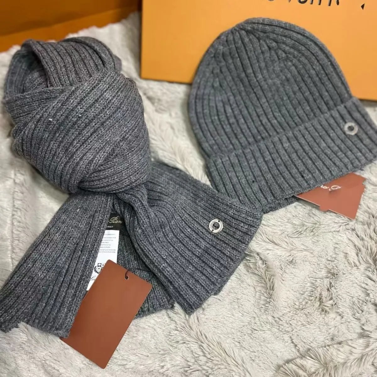 Ribbed Knit Beanie and Scarf Set Navy Black Gray Winter Accessories