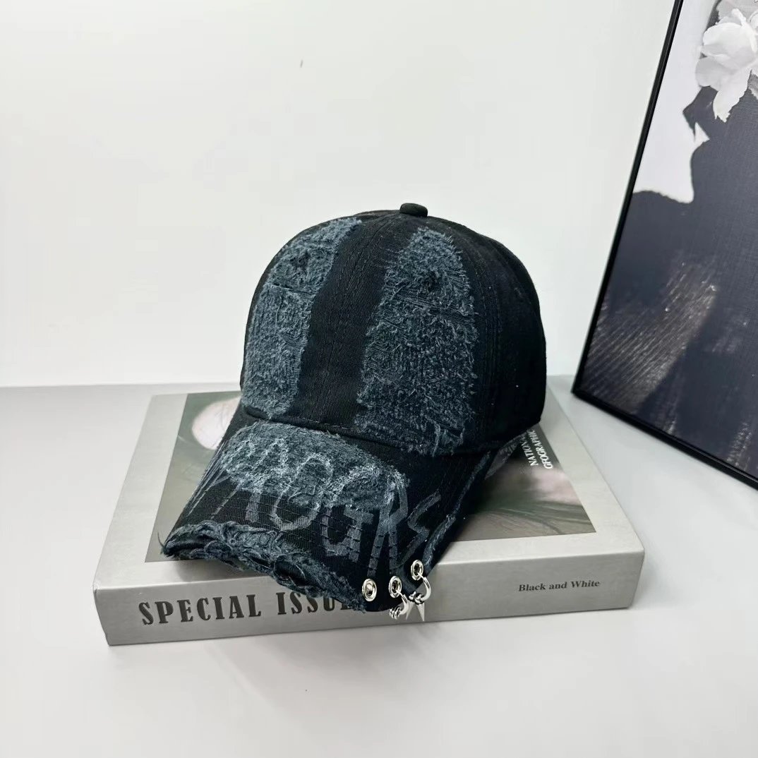Distressed Denim Baseball Cap Off White Graffiti Style