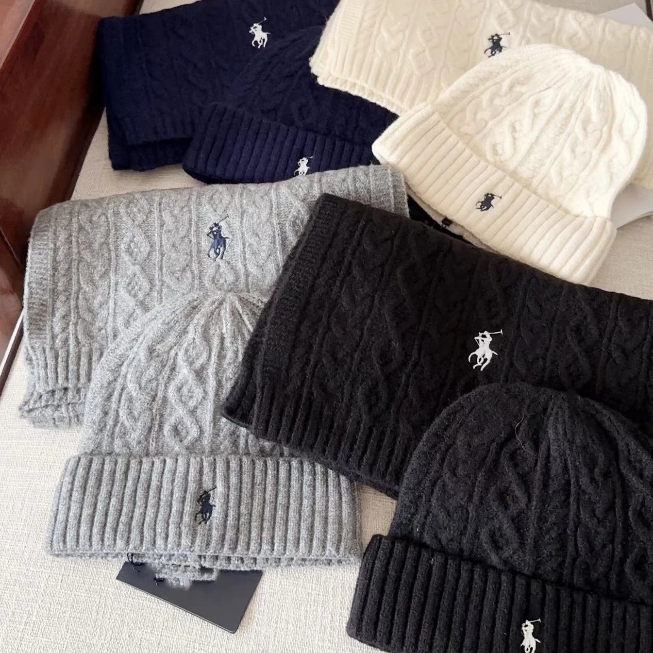 Polo Ralph Lauren Cable Knit Beige Navy Gray Black Classic Beanie Hat