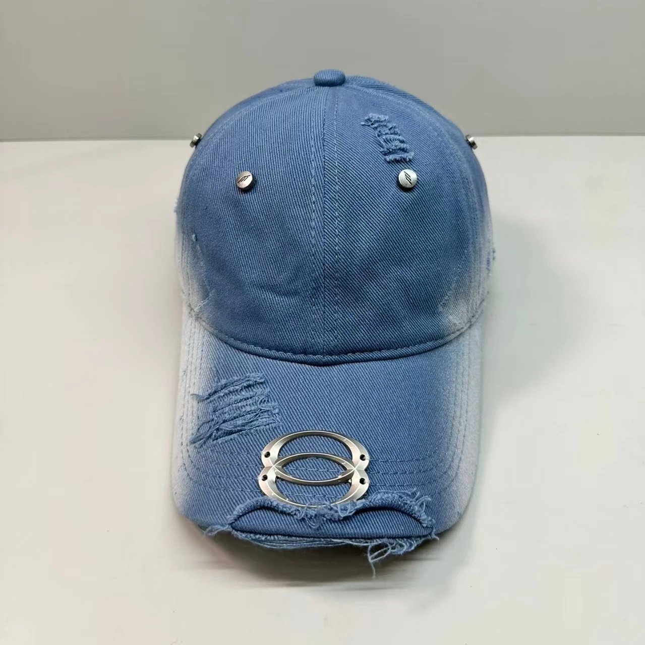 Distressed Denim Baseball Cap with Metal Oval Emblem in Khaki Gray Olive White Black Red Blue