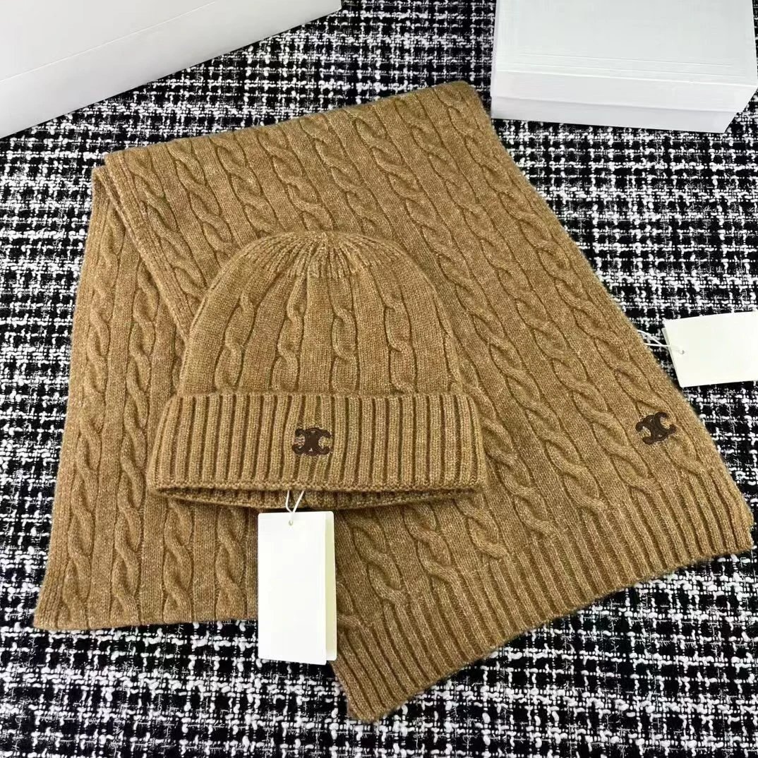 Chanel Cable Knit Gray Beanie And Scarf Set
