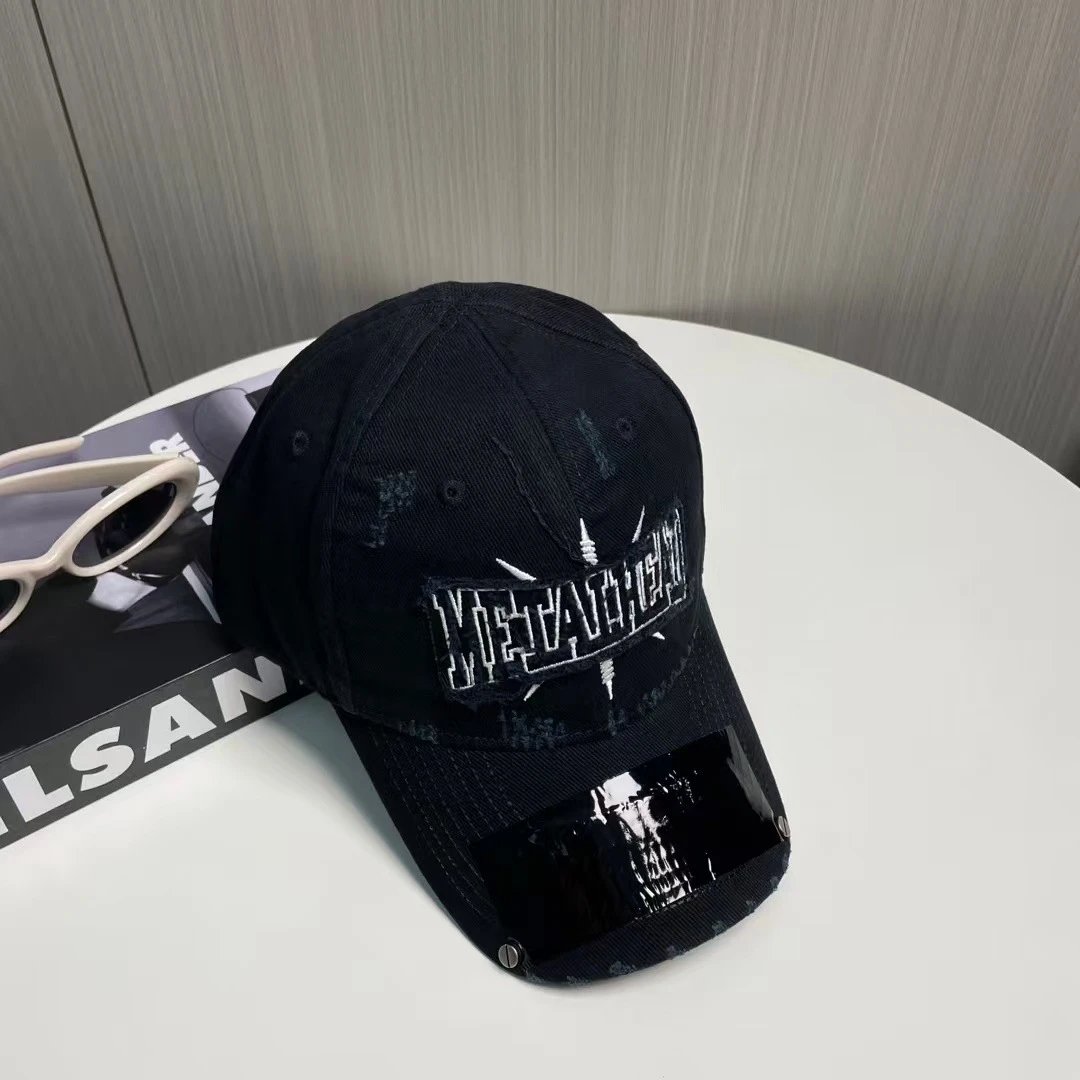 Black Denim Baseball Cap With White Embroidered Logo And Glossy Visor