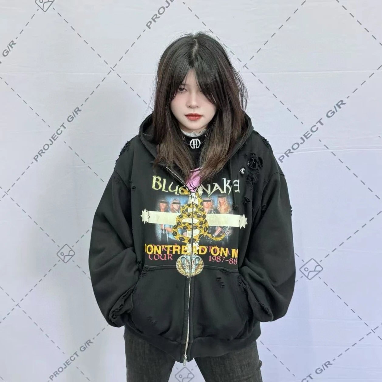 Black Graphic Print Hooded Jacket Blue Distressed Wide Leg Jeans Streetwear