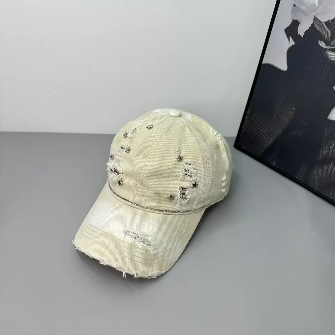 Denim Baseball Cap Light Blue Cream Olive Distressed Star Embellished Cap