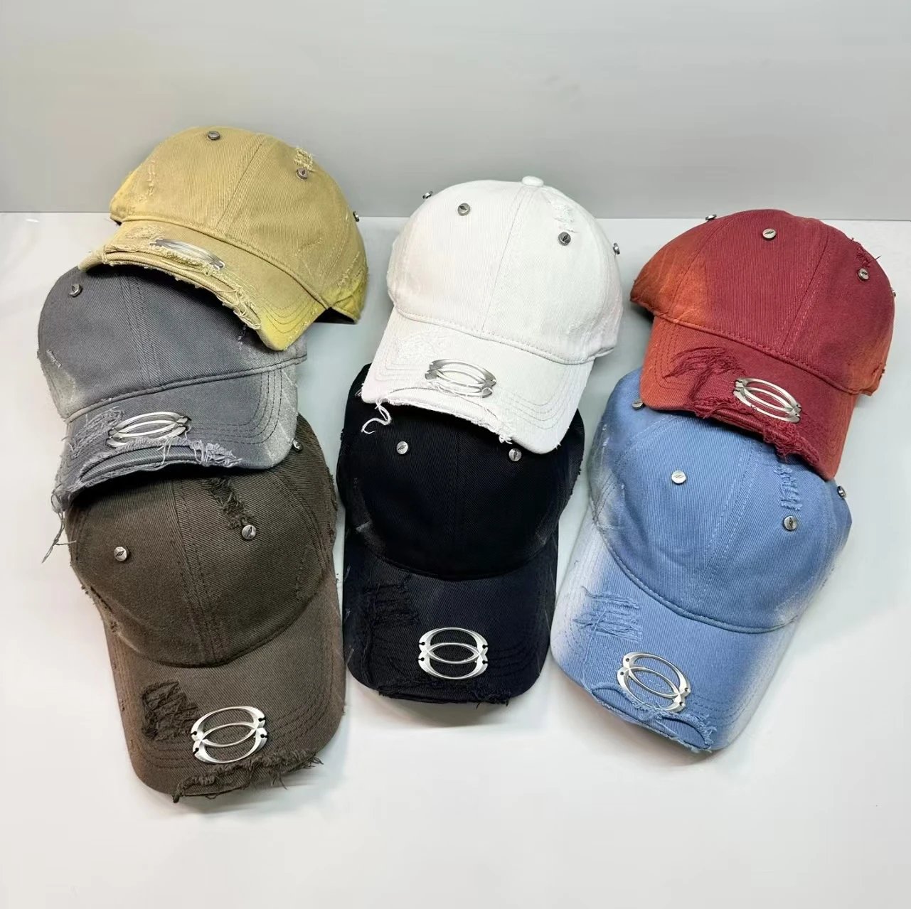 Distressed Denim Baseball Cap with Metal Oval Emblem in Khaki Gray Olive White Black Red Blue