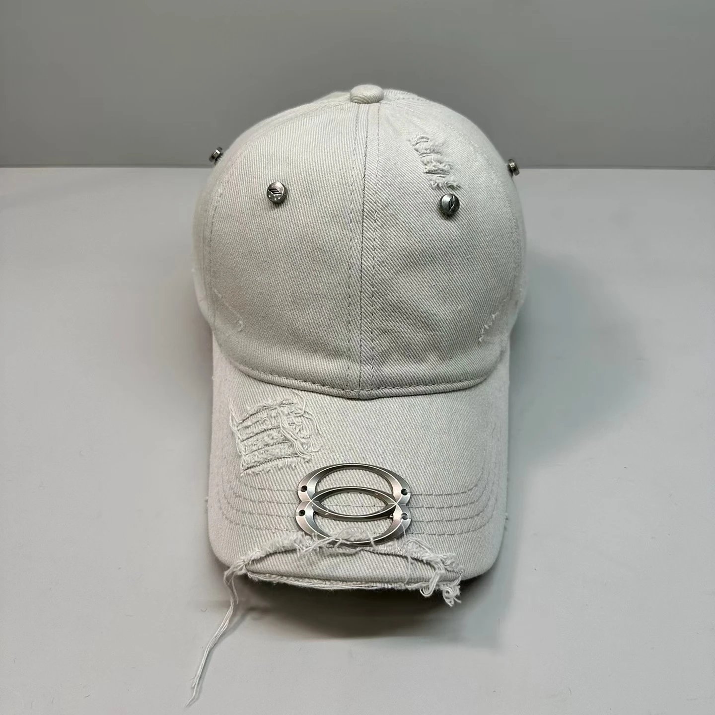 Distressed Denim Baseball Cap with Metal Oval Emblem in Khaki Gray Olive White Black Red Blue