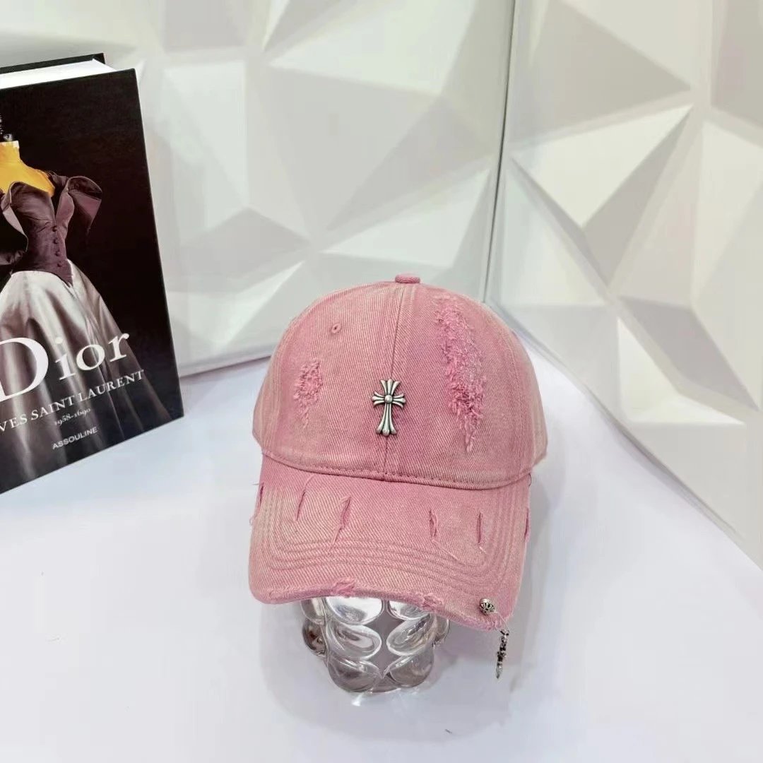 Distressed Denim Cap with Silver Cross Embellishment Beige Black Gray Red Pink Streetwear
