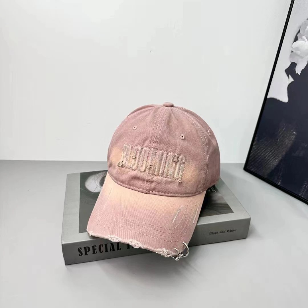 Blooming Embroidered Distressed Baseball Cap Beige Black Cream Streetwear