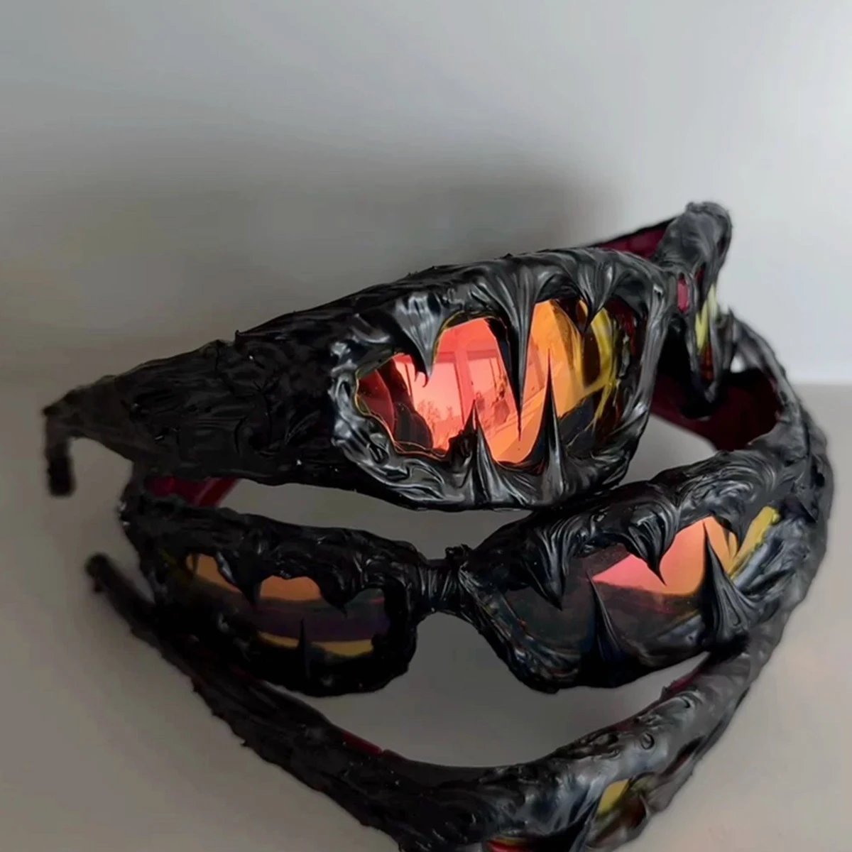 Custom Molded Sunglasses Black Frame Gradient Orange Red Lens Gothic Style