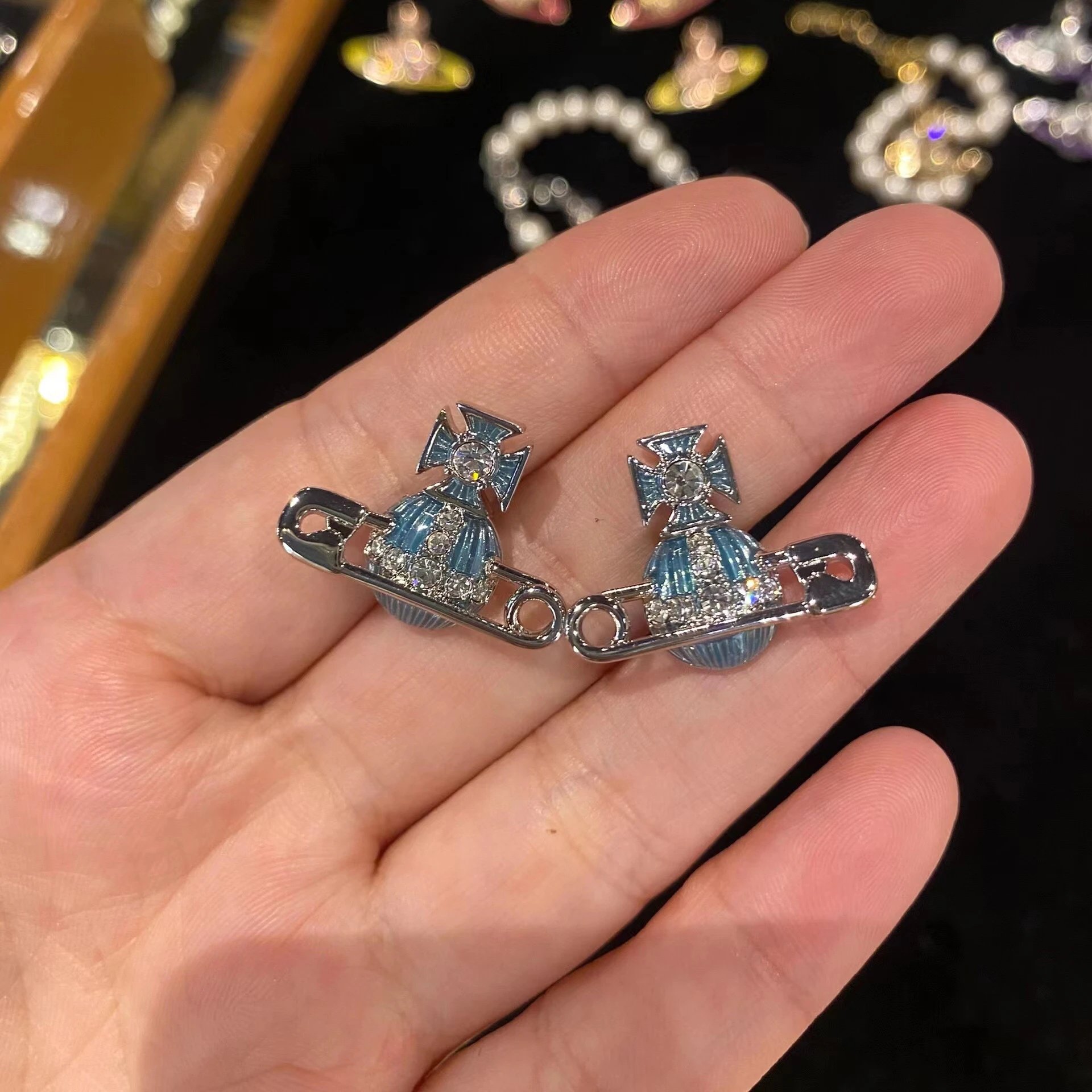 Vivienne Westwood Orb Blue Enamel Crystal Safety Pin Earrings