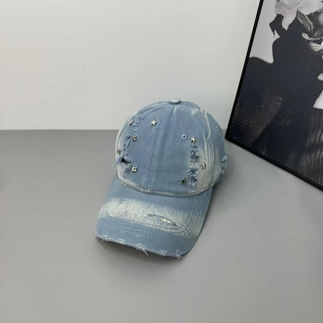 Denim Baseball Cap Light Blue Cream Olive Distressed Star Embellished Cap