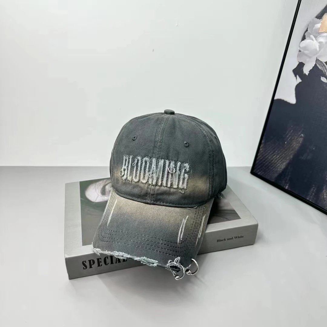 Blooming Embroidered Distressed Baseball Cap Beige Black Cream Streetwear