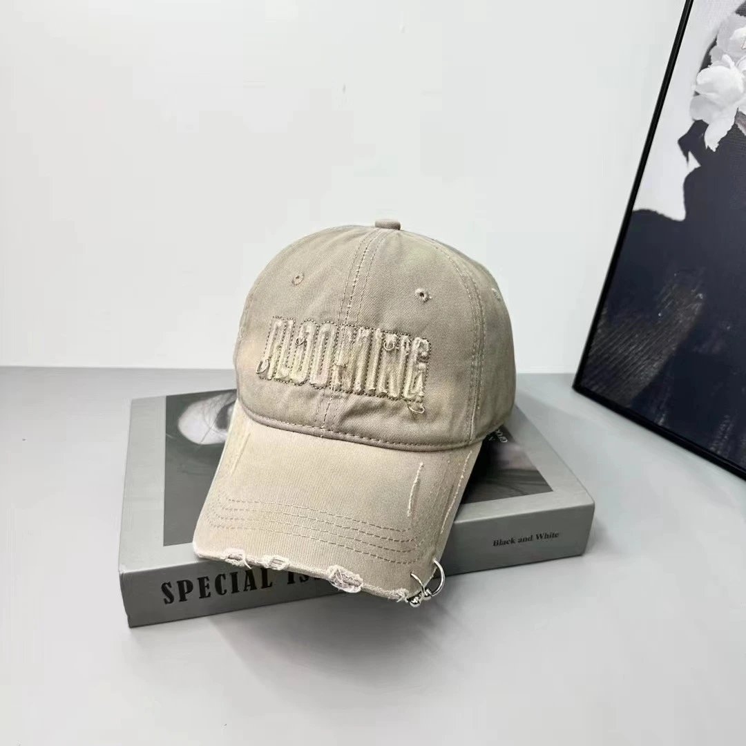 Blooming Embroidered Distressed Baseball Cap Beige Black Cream Streetwear
