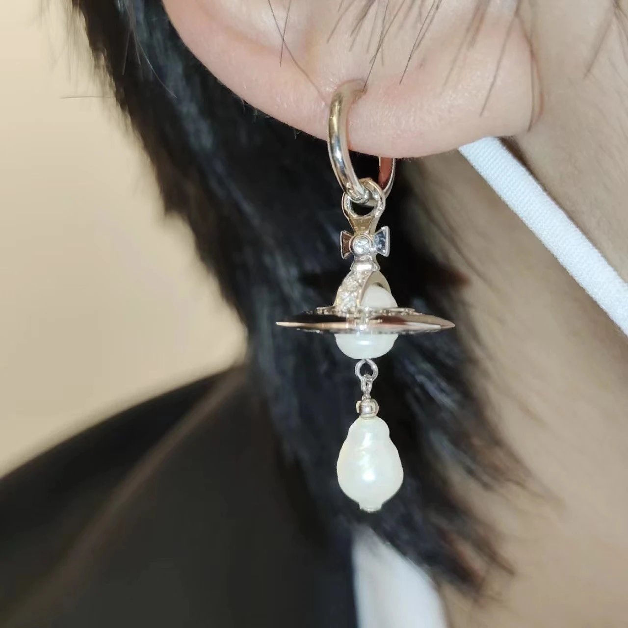 Vivienne Westwood Orb White Pearl Dangle Earrings