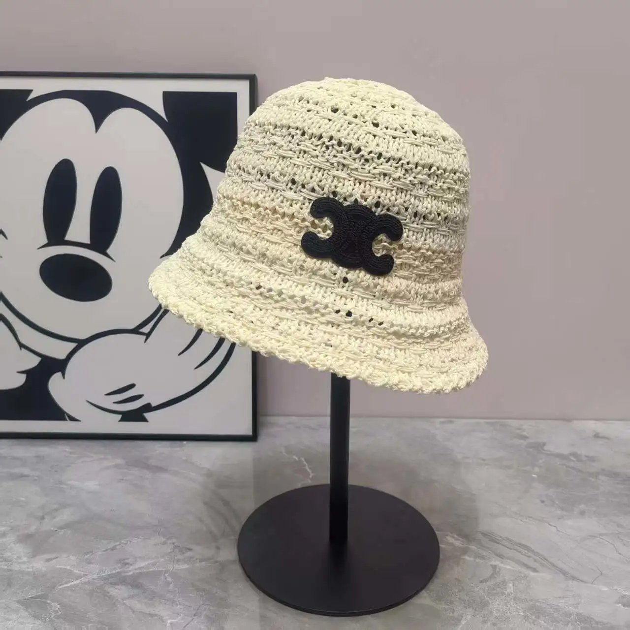 Crochet Bucket Hat Beige White Pink Black CC Logo Summer Hat
