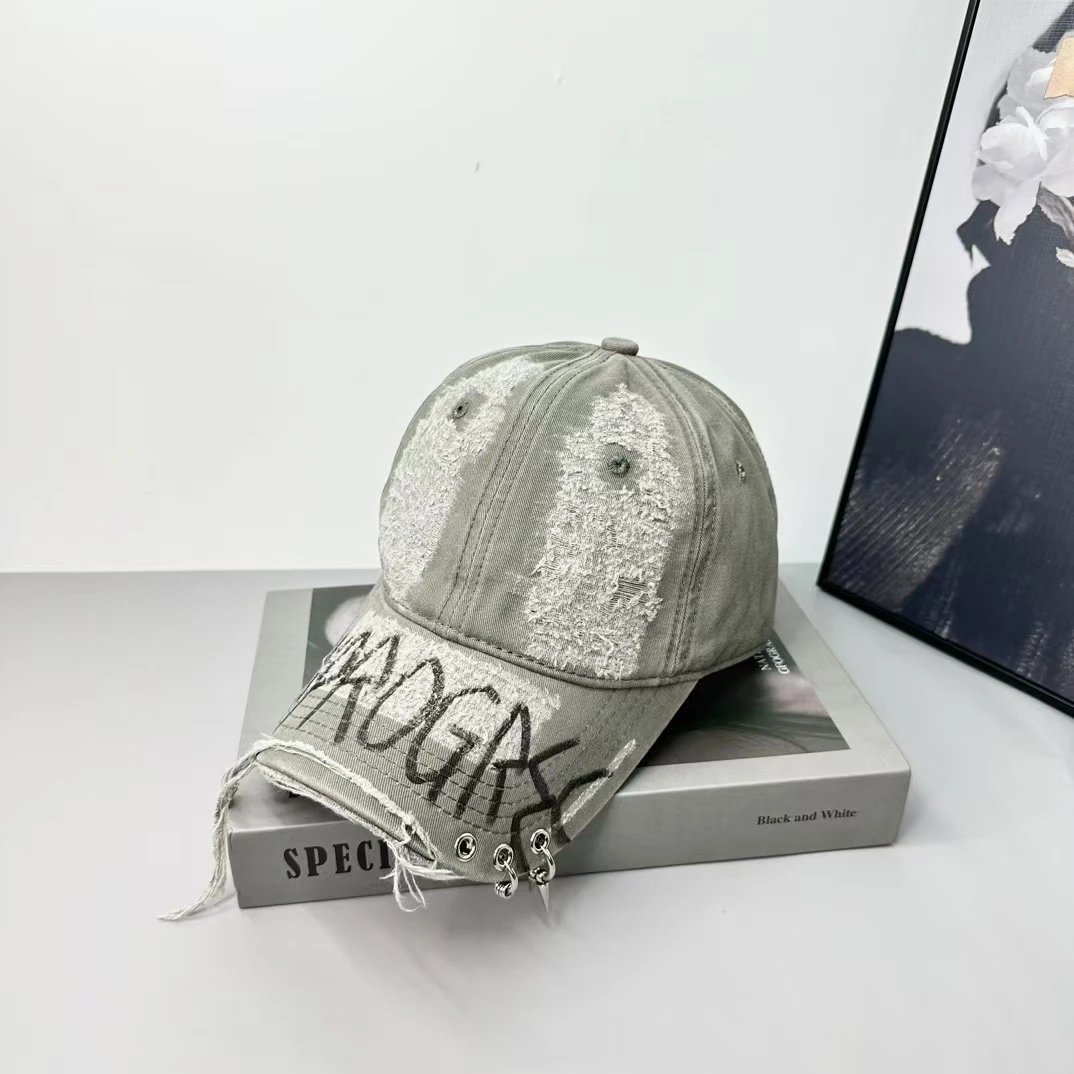 Distressed Denim Baseball Cap Off White Graffiti Style