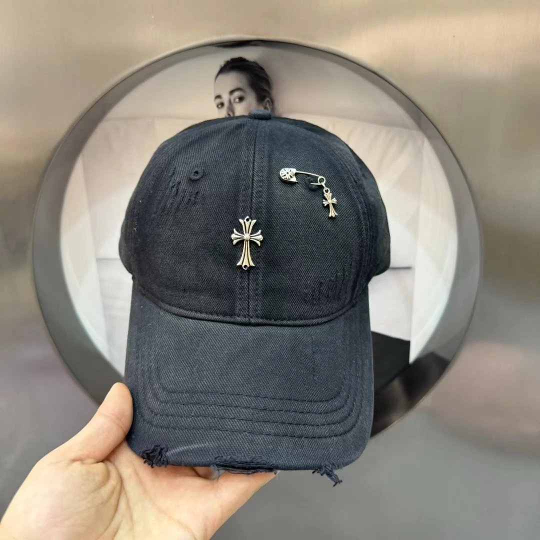 Distressed Denim Baseball Cap with Cross Pin Embellishment
