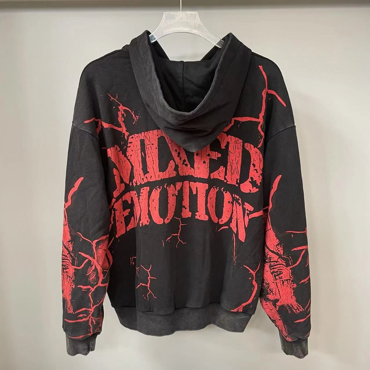 Mixed Emotion Graphic Print Black Red Distressed Zip-Up Hoodie