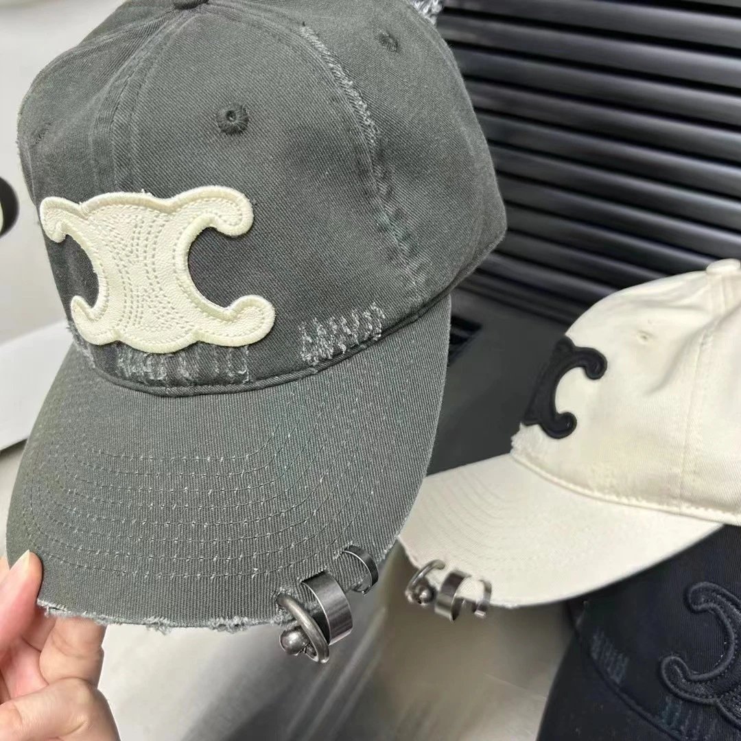 Celine Logo Embroidered Beige White Olive Black Distressed Baseball Cap
