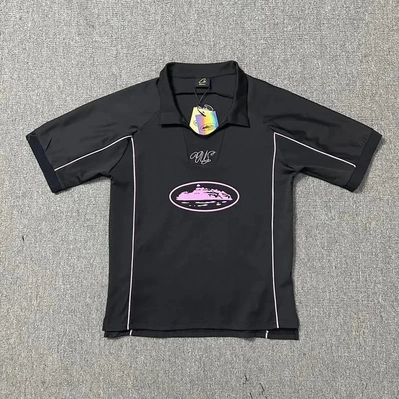 Black Performance Polo Shirt with Pink Graphic Logo and White Trim
