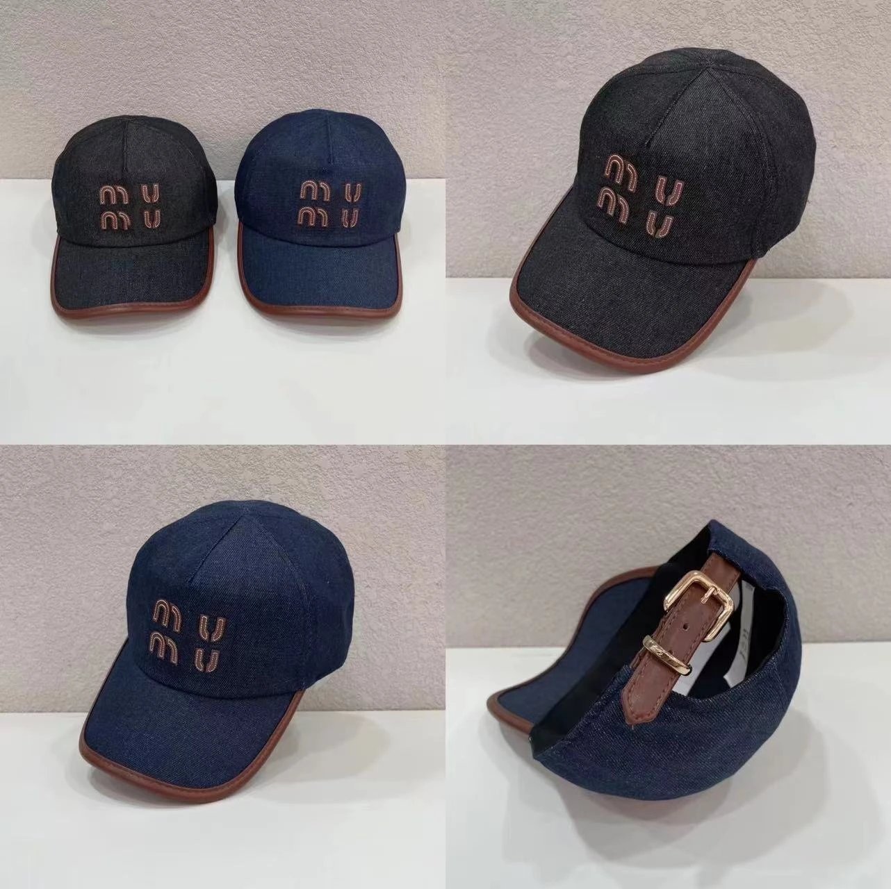 Miu Miu Denim Navy Brown Embroidered Baseball Cap