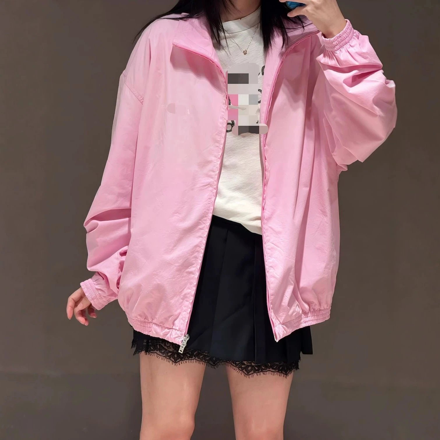 Blue Oversized Windbreaker Jacket with Graphic Print Casual Outerwear