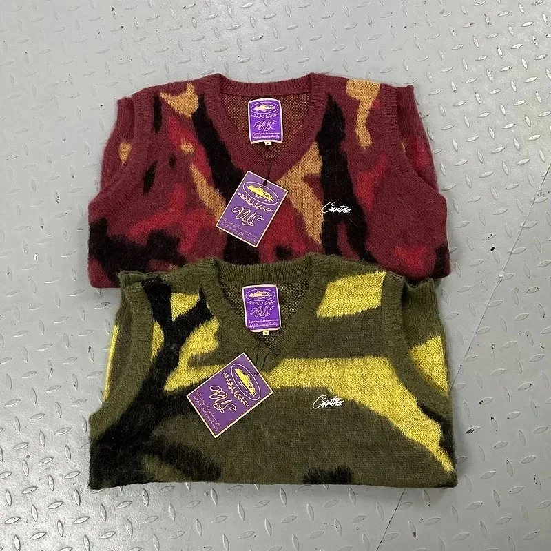 Camouflage Knit Vest Maroon Green Military Style
