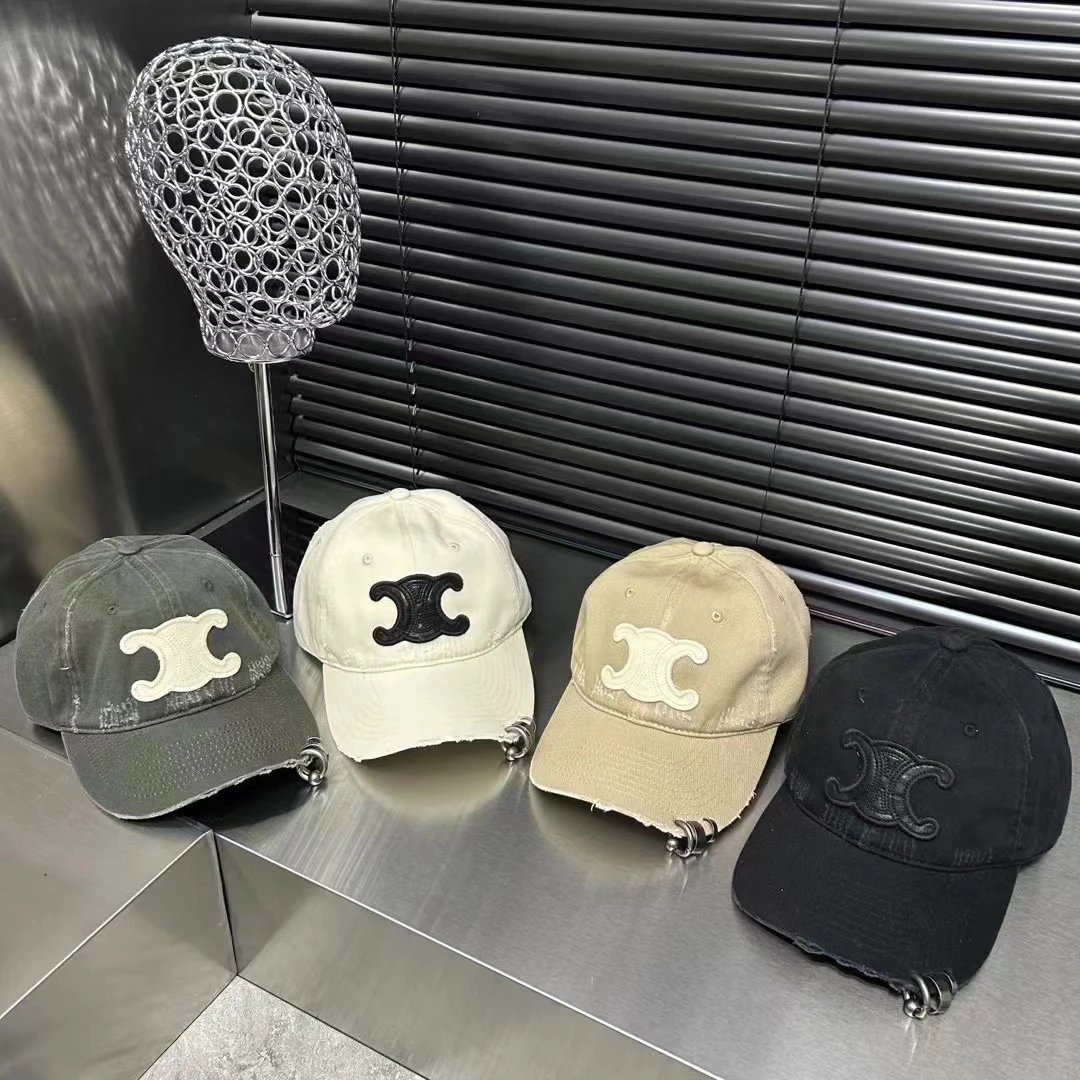 Celine Logo Embroidered Beige White Olive Black Distressed Baseball Cap