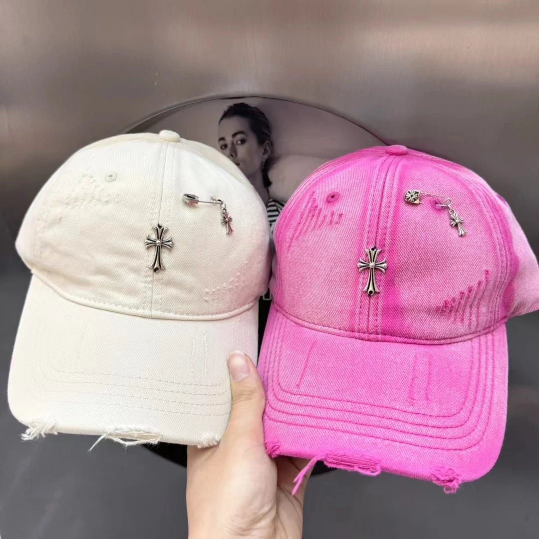 Distressed Denim Baseball Cap with Cross Pin Embellishment