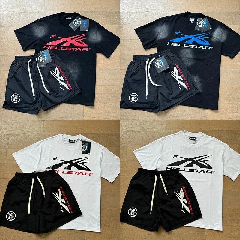 Hellstar Graphic Print Black Red White Blue Gray Casual T-Shirt And Shorts Set
