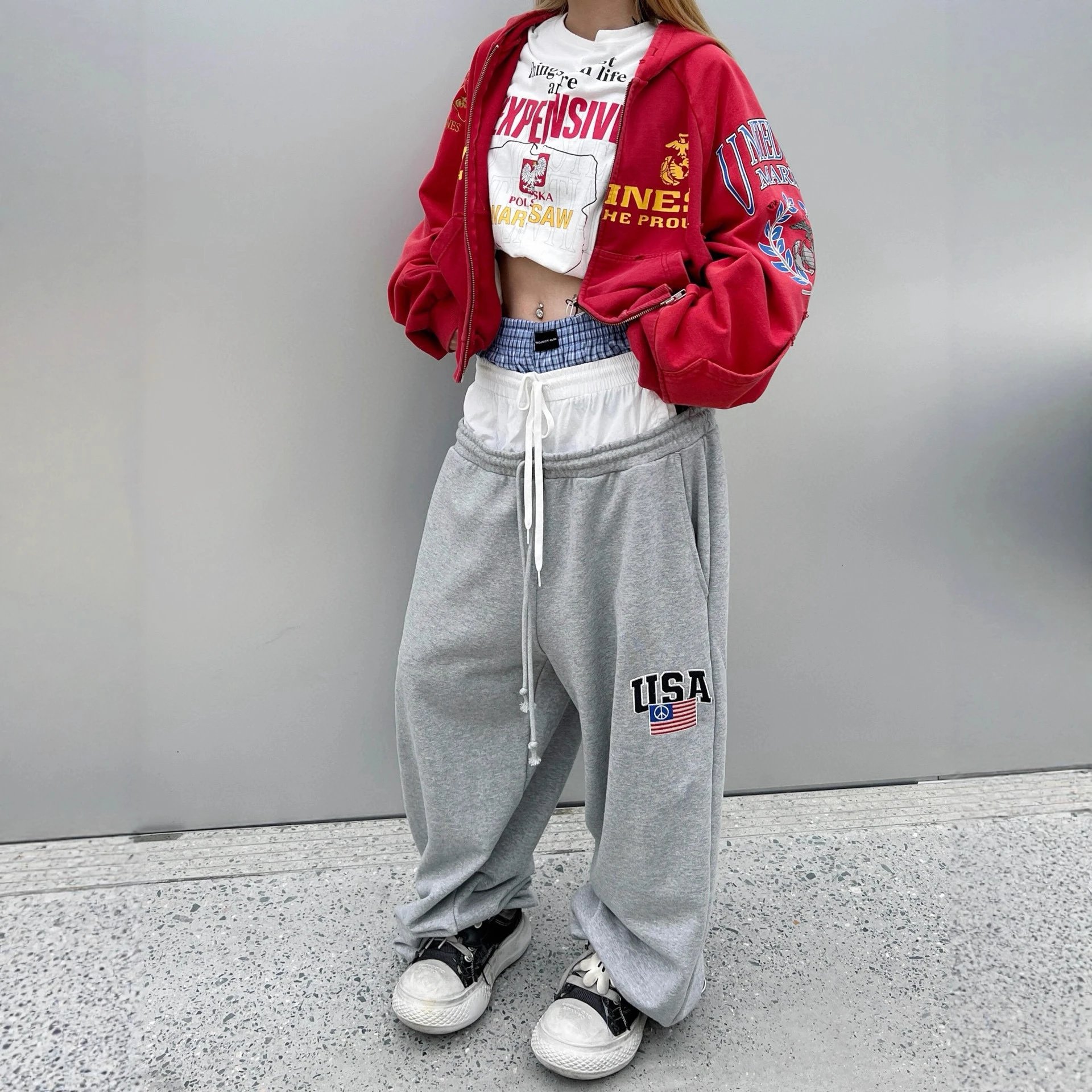 Grey USA Embroidered Sweatpants Heather Grey Streetwear Joggers