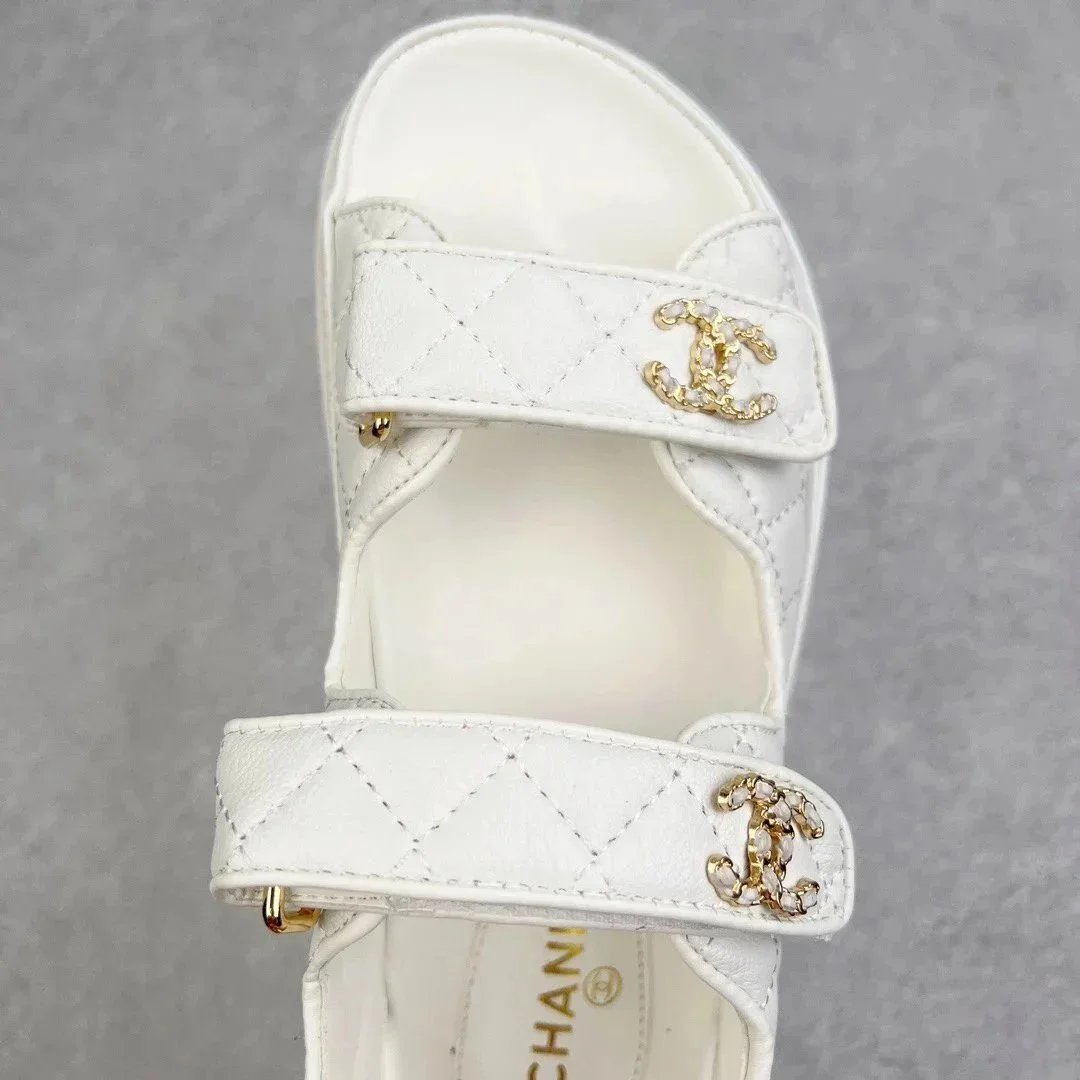 Chanel CC Logo White Quilted Leather Sandals