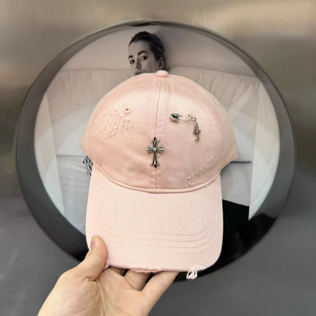 Distressed Denim Baseball Cap with Cross Pin Embellishment
