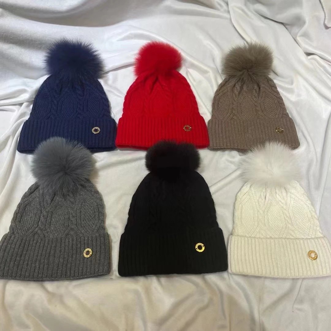 Cable Knit Beanie Hat with Fur Pom Pom in Navy Red Taupe Grey Black White