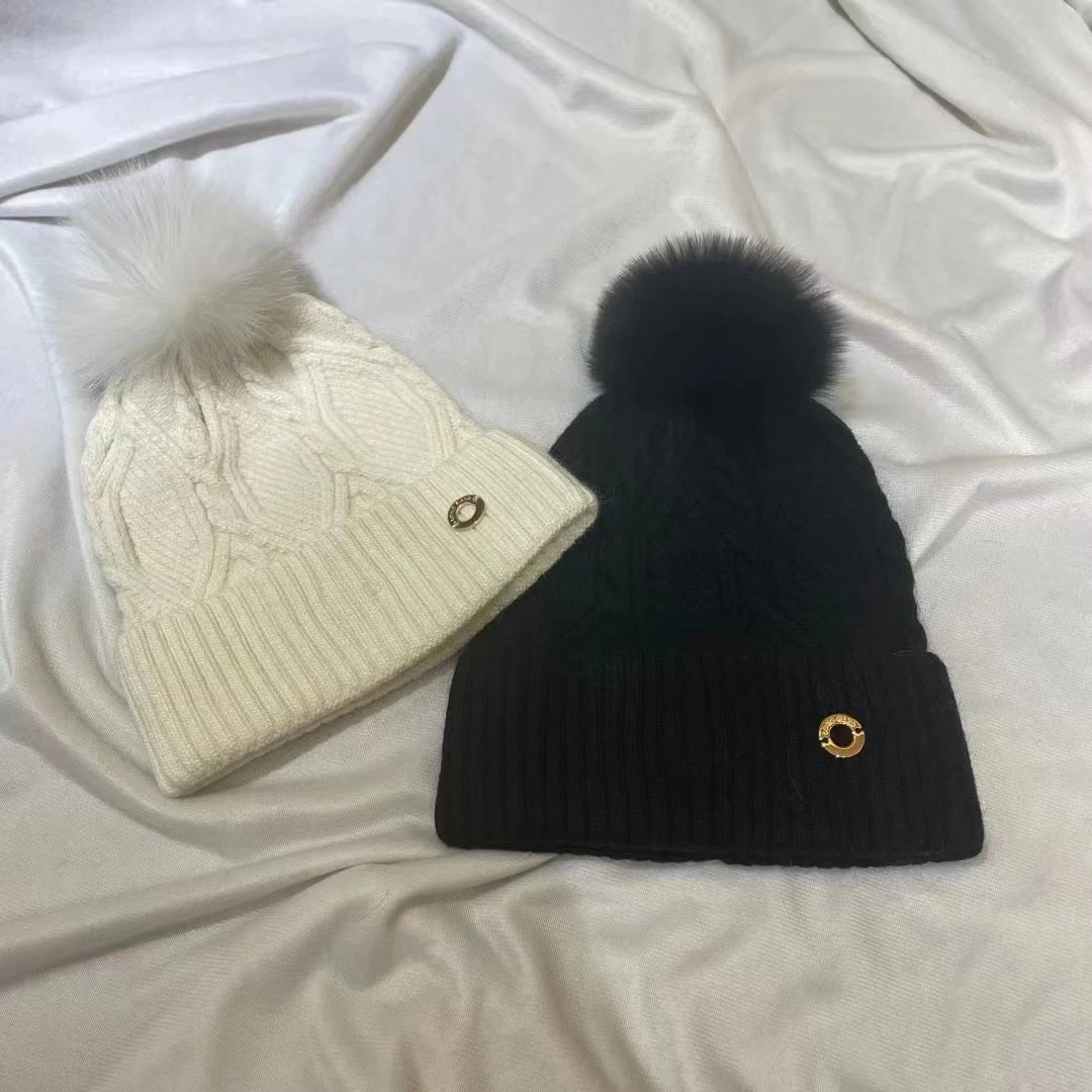 Cable Knit Beanie Hat with Fur Pom Pom in Navy Red Taupe Grey Black White