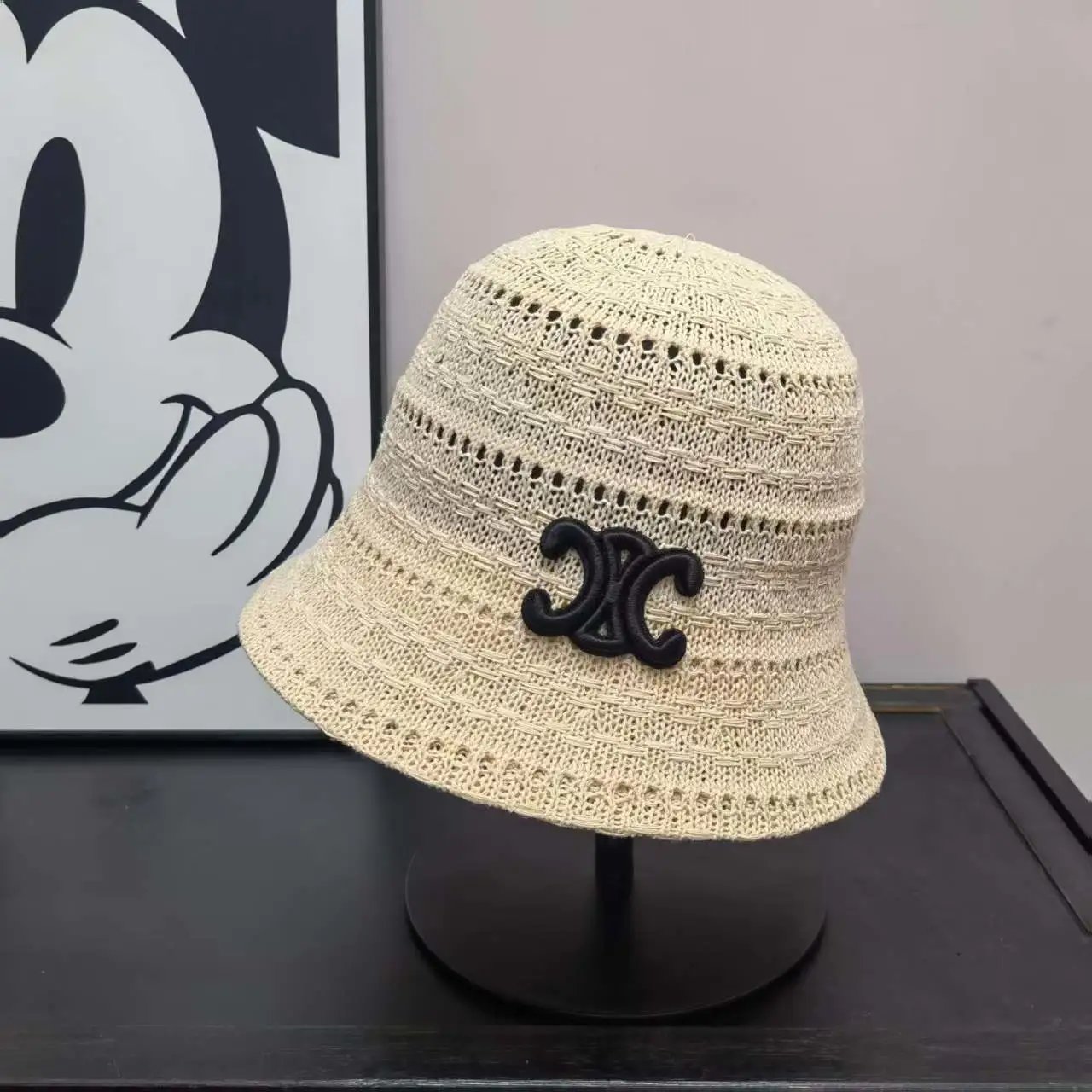 Knitted Bucket Hat Beige Black Cream Embroidered Logo Casual