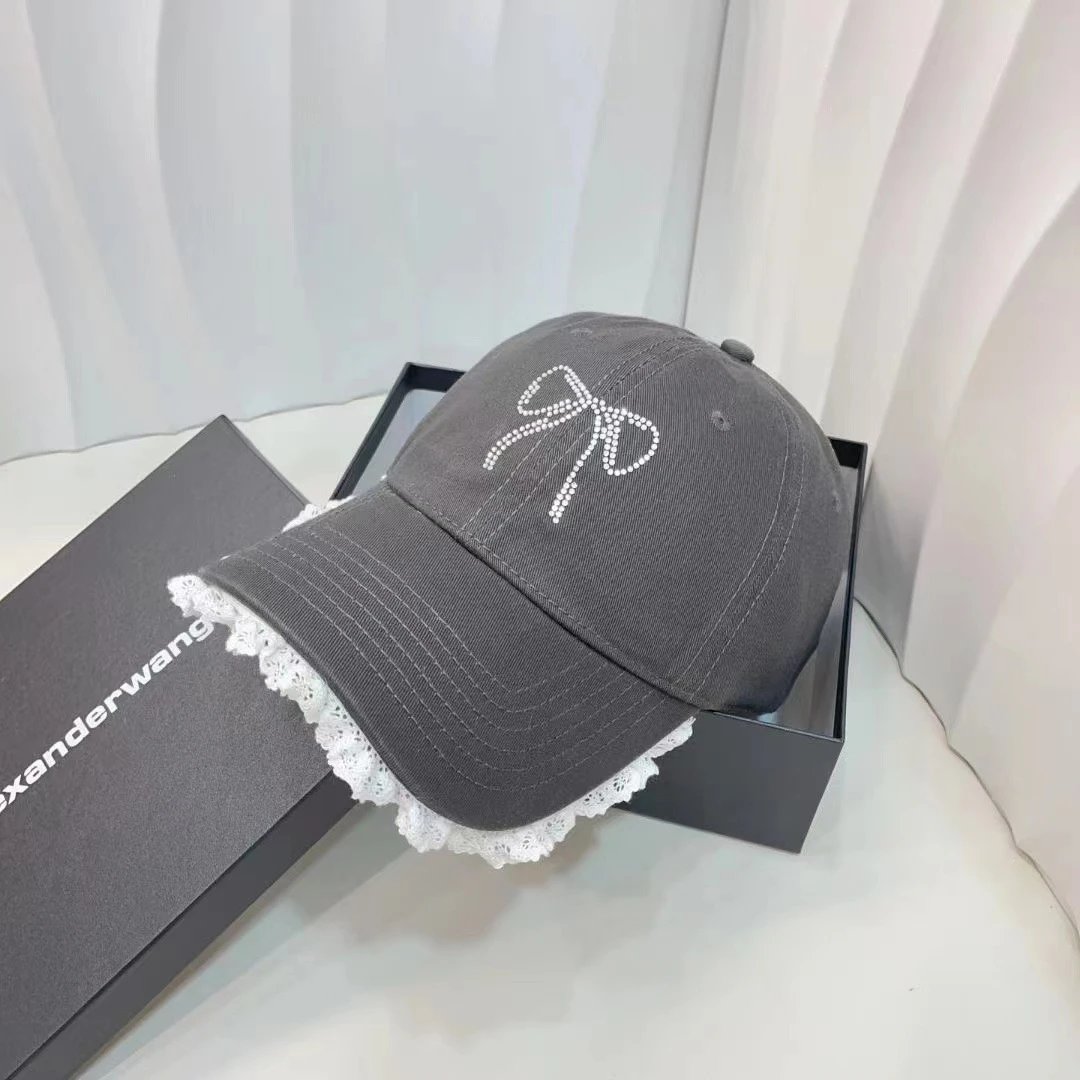 Alexander Wang Hats Rhinestone Bow Lace-Trim Baseball Cap — Dark gray