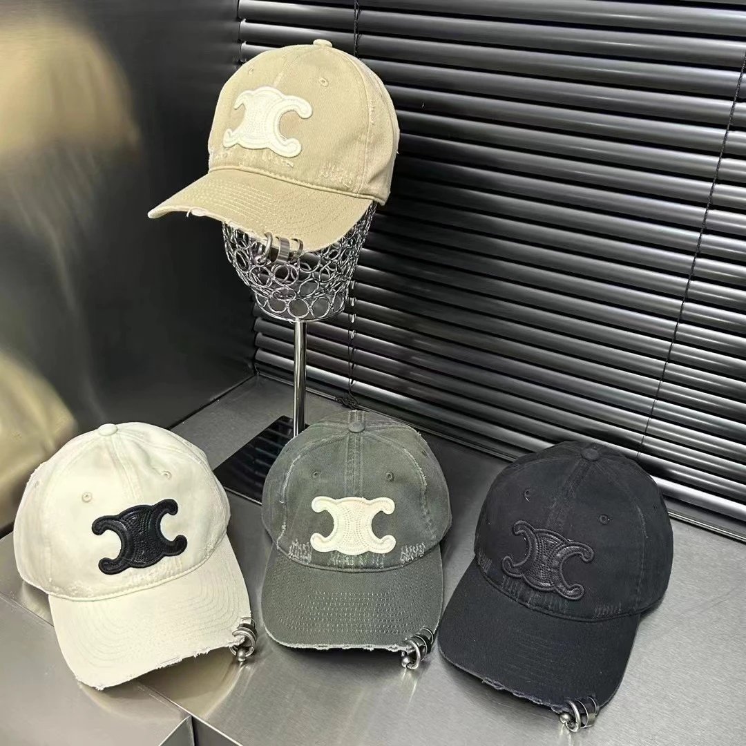 Celine Logo Embroidered Beige White Olive Black Distressed Baseball Cap