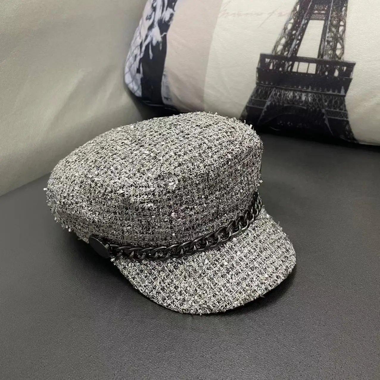 Tweed Baker Boy Cap Gray Chain Detail Military Style