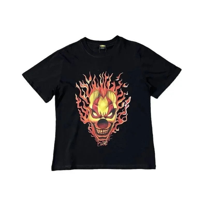 Black Graphic Tee Flame Clown Skull Streetwear T-Shirt