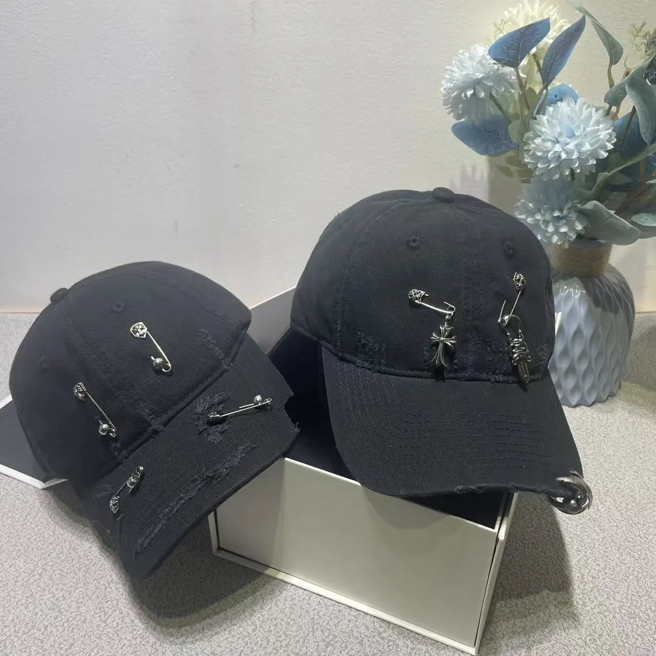 Distressed Black Denim Baseball Cap with Silver Safety Pin and Cross Charms