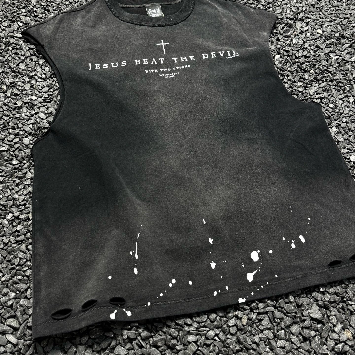 Saint T-Shirt Black Distressed Graphic Sleeveless Top