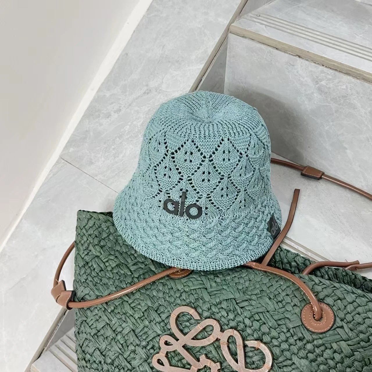 Alo Knitted Bucket Hat Light Blue Beige Gray Black Cream Crochet Style