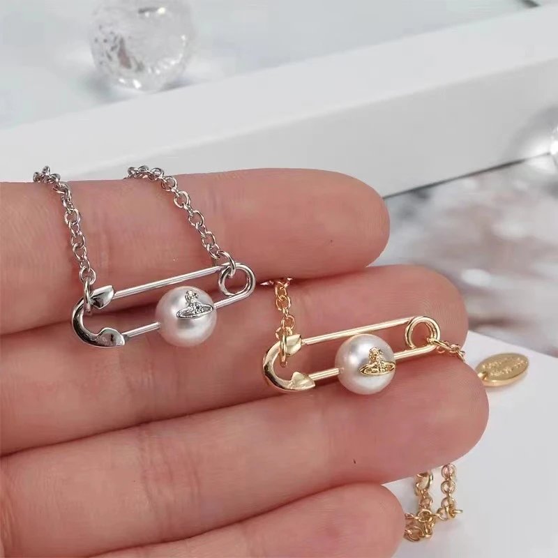 Vivienne Westwood Safety Pin Pearl Charm Necklace Silver Gold