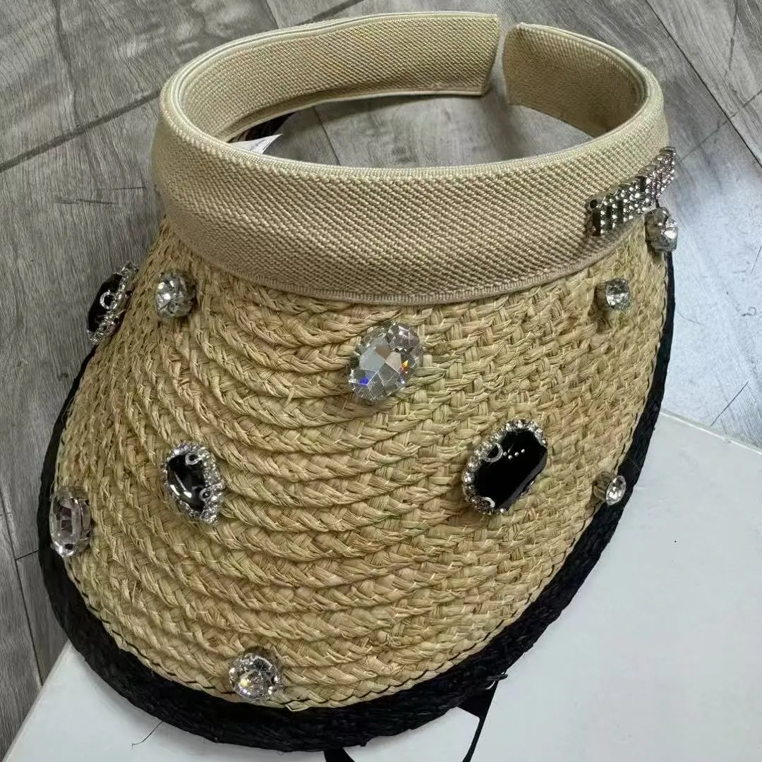 Miu Miu Straw Visor Beige Pink Black Embellished Sun Hat